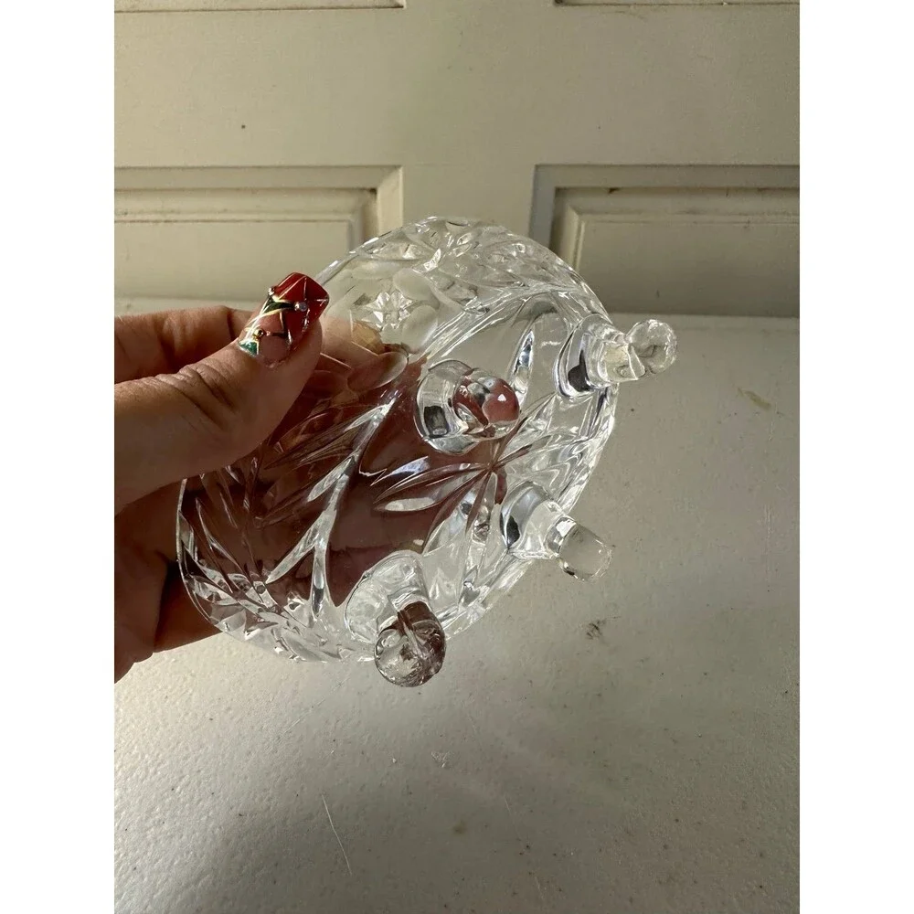Vintage American Cut Leaf Pattern Footed Hungarian Glass Crystal Trinket Dish